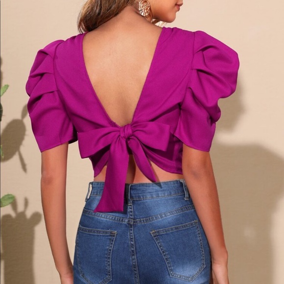 Open Back Tie Puff Sleeve Ruched Classic Top Blouse - Picture 2 of 15